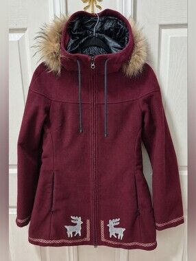 Koko & Gaston Burgundy Real Fur Trim Nordic Hooded Coat M - Fur Type Unknown